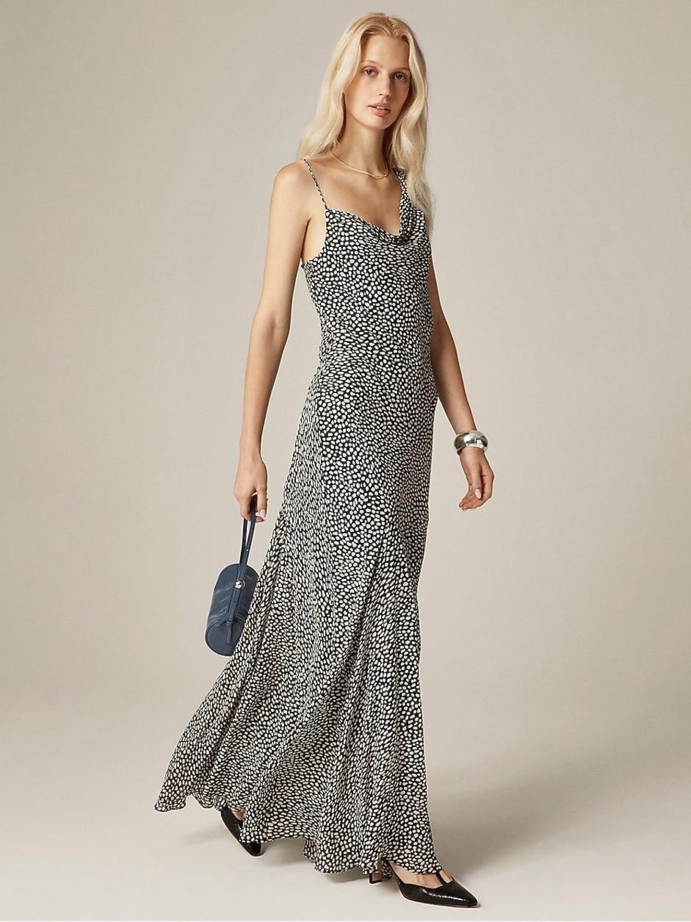 NWT Collection asymmetrical cowlneck dress in a spot-print chiffon